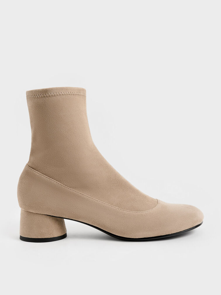 Textured Stitch-Trim Cylindrical Heel Ankle Boots, Beige, hi-res
