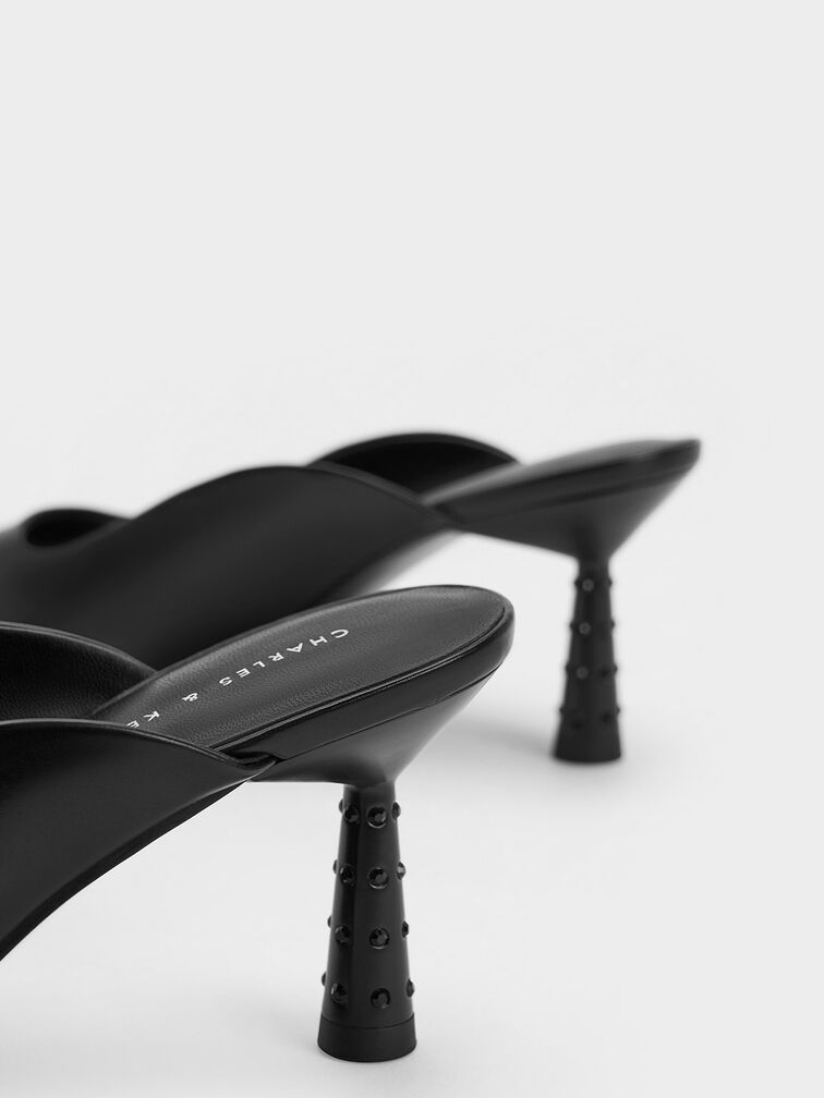 Embellished Cone Heel Mules, Black, hi-res