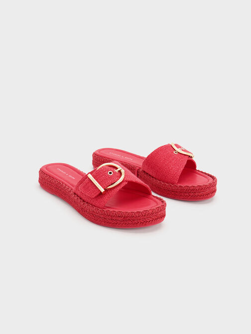 Linen Buckled Espadrille Flat Sandals, Fuchsia, hi-res