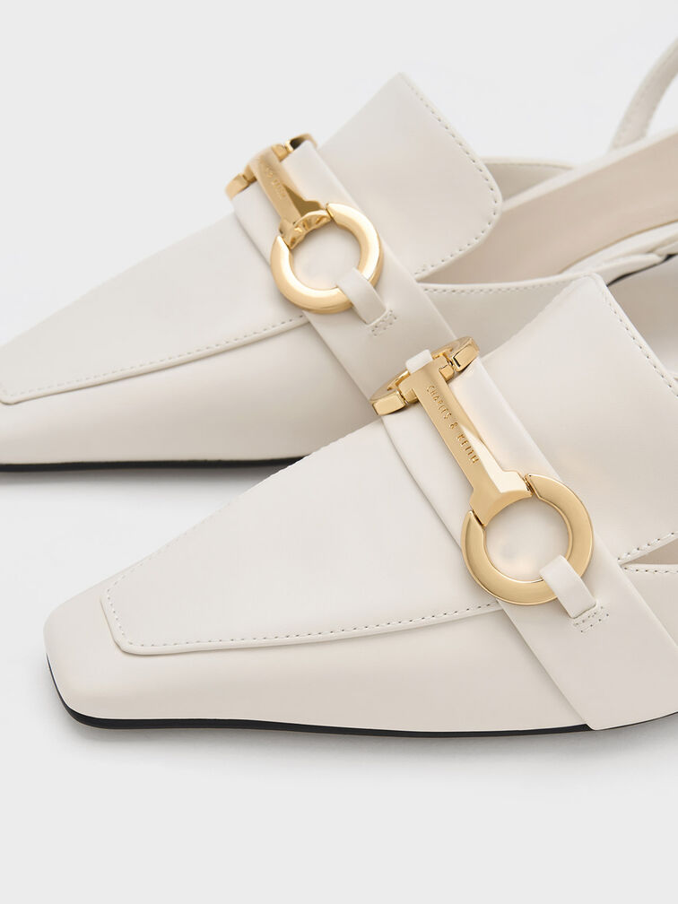 Metallic Bar Slingback Pumps, White, hi-res