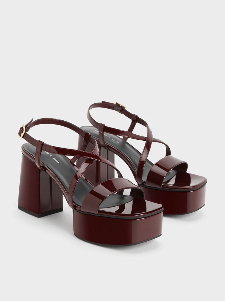 Patent Crossover Strap Platform Sandals, Burgundy, hi-res