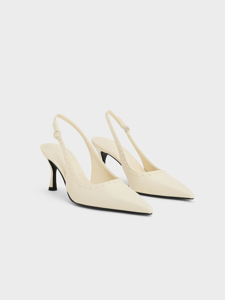 Studded Pointed-Toe Slingback Pumps, Chalk, hi-res