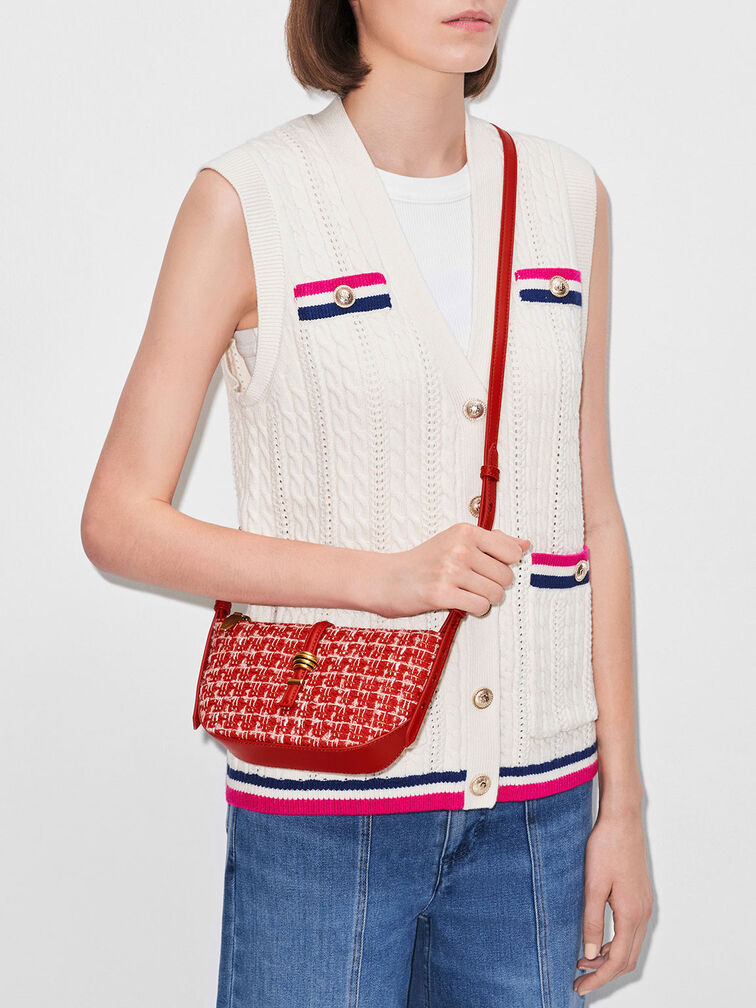 Trudy Tweed Belted Geometric Bag, Red, hi-res
