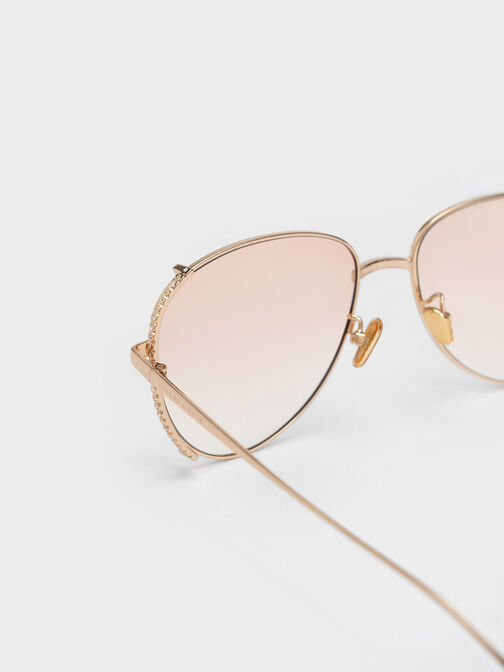 Gem-Embellished Wireframe Aviator Sunglasses, Cream, hi-res