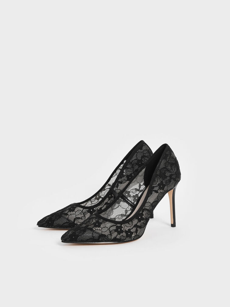 Lace Stiletto Pumps, Black, hi-res