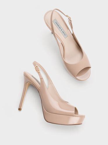 Patent Platform Slingback Sandals, Nude, hi-res