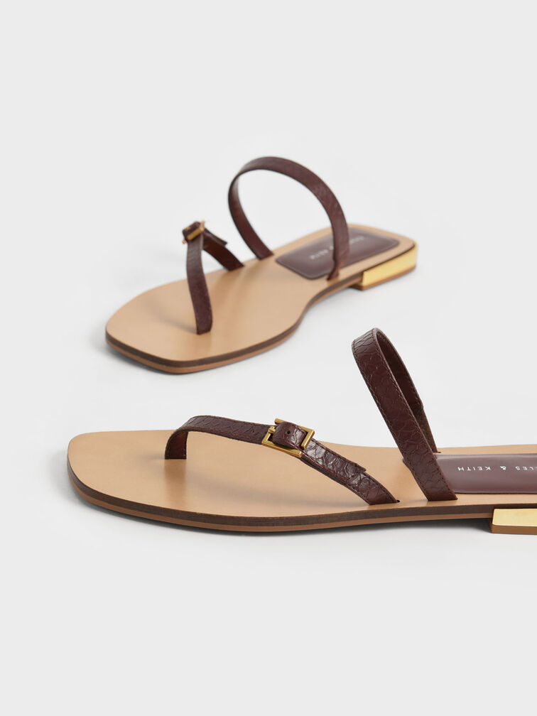 Snake-Print Asymmetric Strap Thong Sandals, Animal Print Brown, hi-res