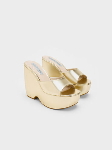 Metallic Chunky Platform Wedge Mules, Gold, hi-res