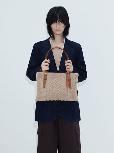 Apolline Textured Tote Bag, Taupe, hi-res