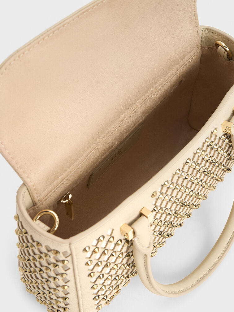 Suede & Leather Studded Cut-Out Tote Bag, Cream, hi-res