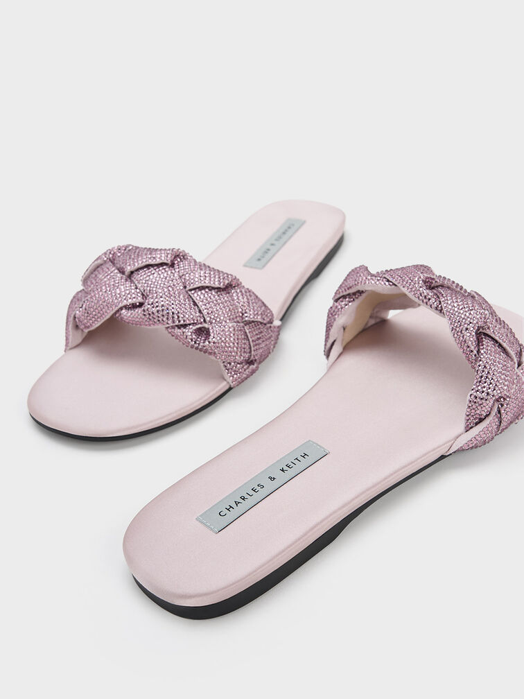 Gem-Embellished Braided Strap Slides, Lilac, hi-res
