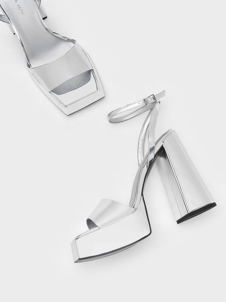 Metallic Platform Ankle-Strap Sandals, Silver, hi-res