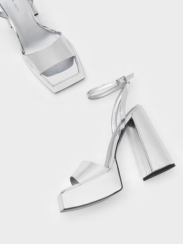Metallic Platform Ankle-Strap Sandals, Silver, hi-res