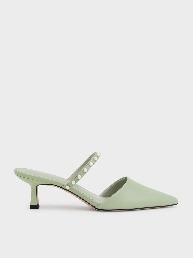 Pearl-Embellished Kitten-Heel Mules, Sage Green, hi-res