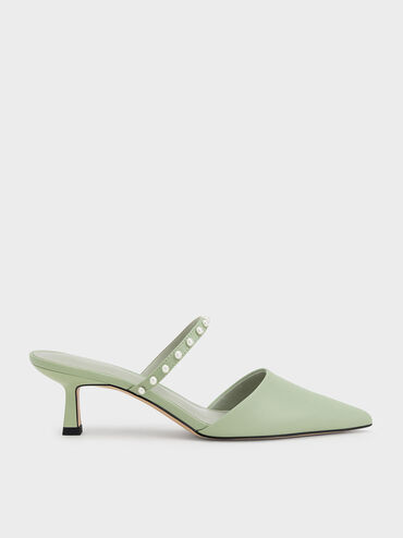 Pearl-Embellished Kitten-Heel Mules, Sage Green, hi-res
