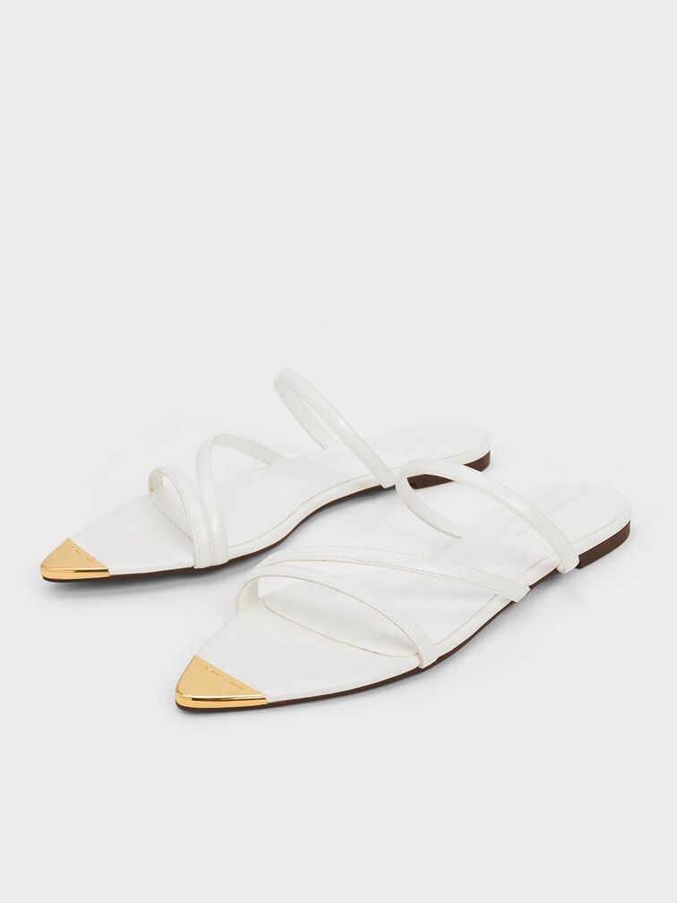 Metallic Cap Strappy Sandals, White, hi-res