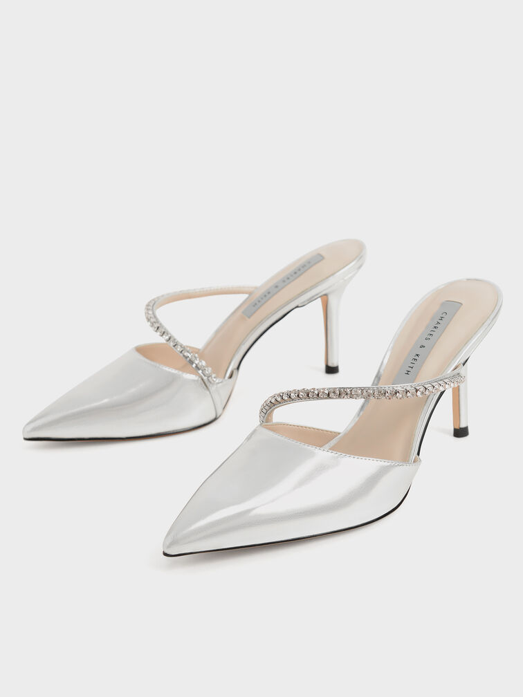 Gem-Encrusted Metallic Stiletto Mules, Silver, hi-res