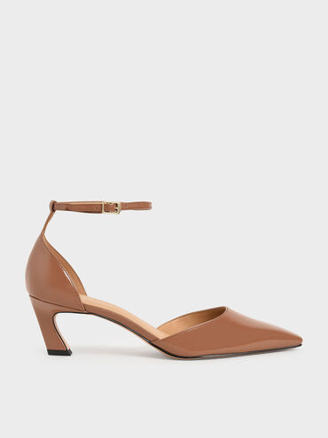 Slant Heel Ankle Strap Pumps, Cognac, hi-res