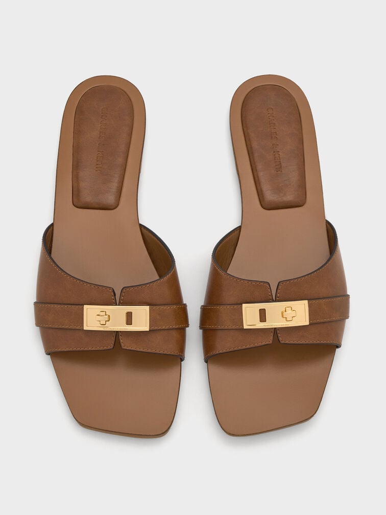Lando Metallic-Accent Belted Slide Sandals, Cognac, hi-res