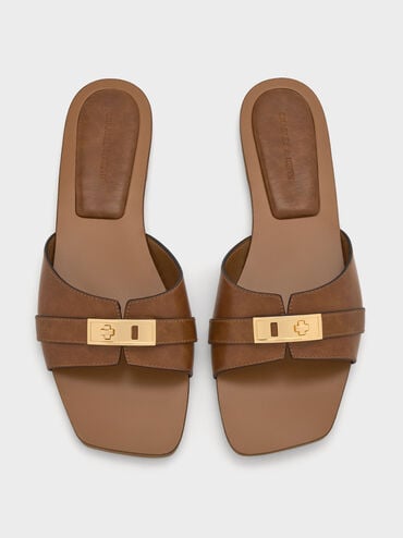 Lando Metallic-Accent Belted Slide Sandals, Cognac, hi-res