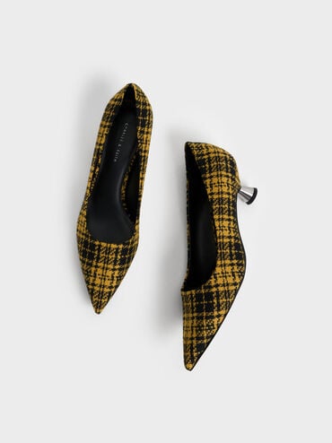 Checkered Spool Heel Pumps, Yellow, hi-res