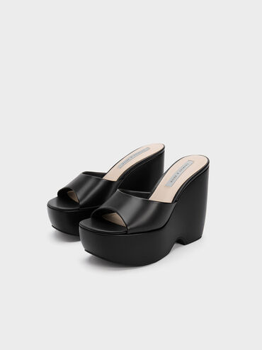 Chunky Platform Wedge Mules, Black, hi-res
