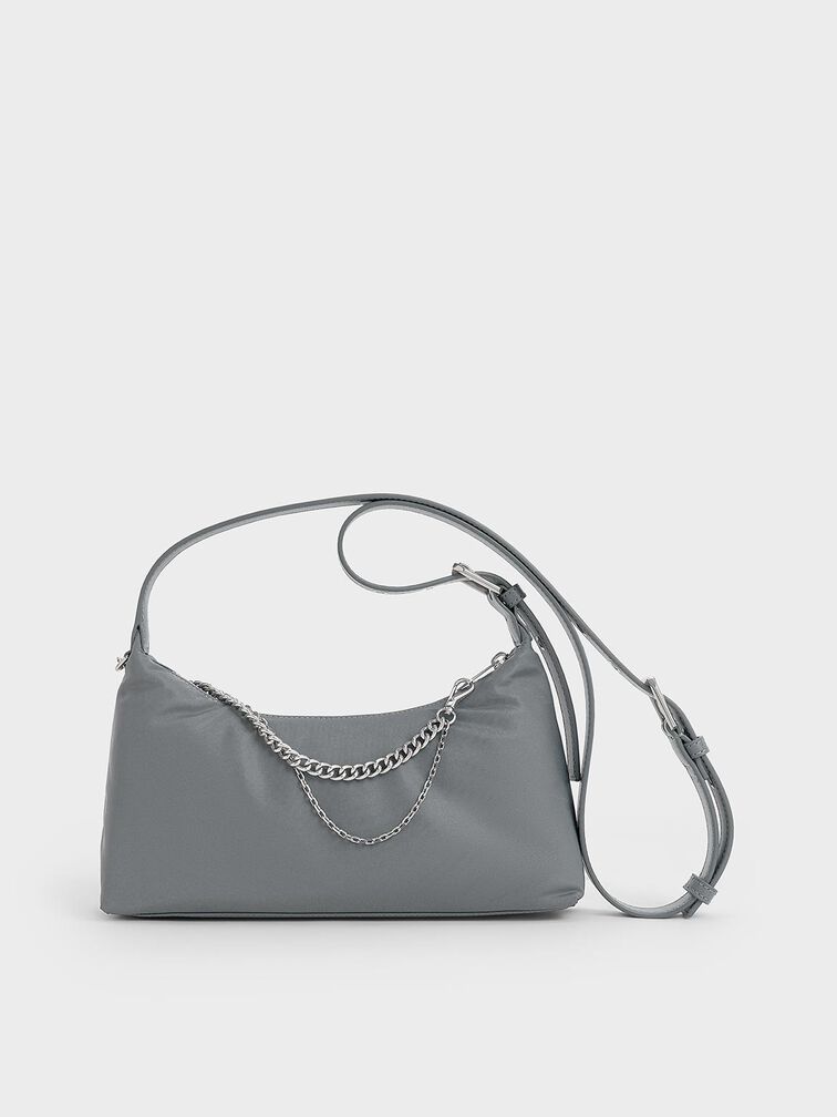 Nylon Chain-Link Trapeze Shoulder Bag, Grey, hi-res