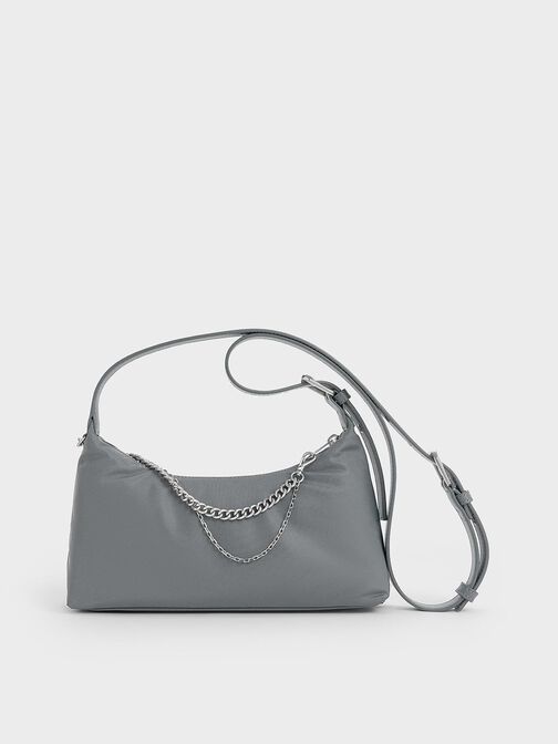 Nylon Chain-Link Trapeze Shoulder Bag, Grey, hi-res