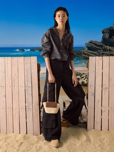 Shalia Raffia Chain-Strap Crossbody Bag, Natural Raffia, hi-res