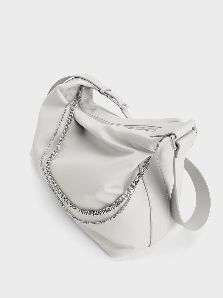 Nylon Chain-Link Slouchy Shoulder Bag, Light Grey, hi-res