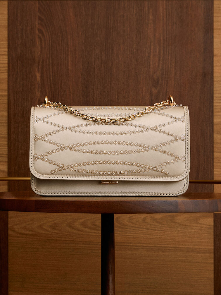 Satin Sequinned Chain-Handle Mini Bag, Light Gold, hi-res