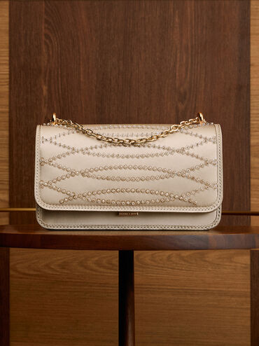Satin Sequinned Chain-Handle Mini Bag, Light Gold, hi-res