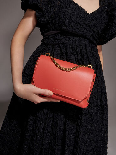 Chain Handle Shoulder Bag, Coral, hi-res