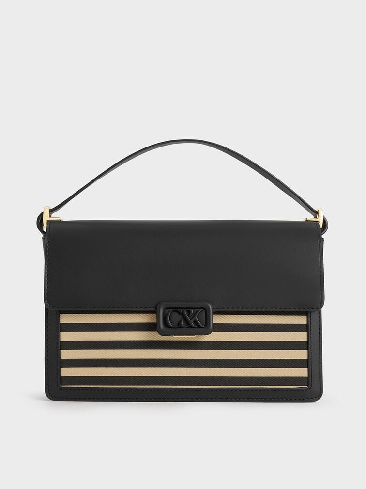 Leather & Canvas Striped Shoulder Bag, Multi, hi-res