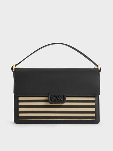 Leather & Canvas Striped Shoulder Bag, Multi, hi-res