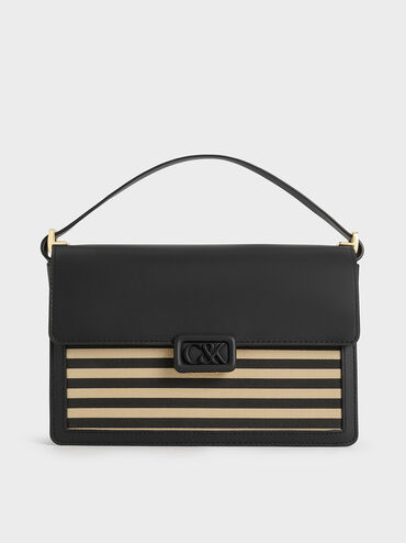 Leather & Canvas Striped Shoulder Bag, Multi, hi-res