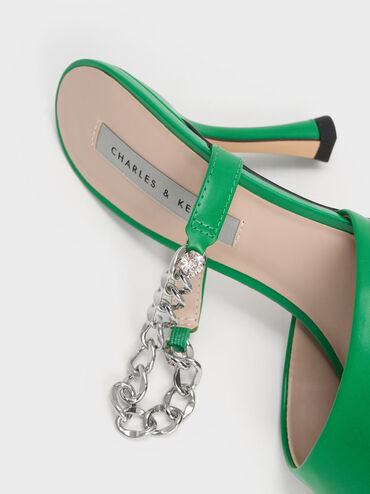 Chain-Link Strap Heeled Mules, Green, hi-res