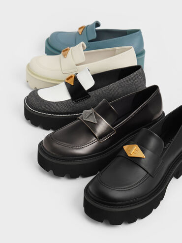 Metallic Accent Chunky Platform Penny Loafers, Black Textured, hi-res