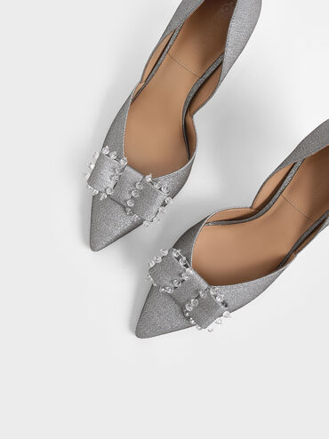 Bead-Embellished Metallic D'Orsay Pumps, Pewter, hi-res