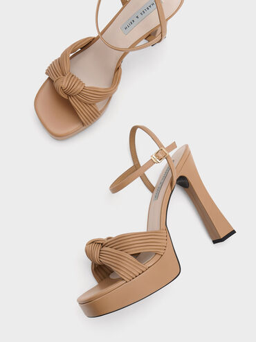 Pleated Knotted Platform Sandals, Sand, hi-res