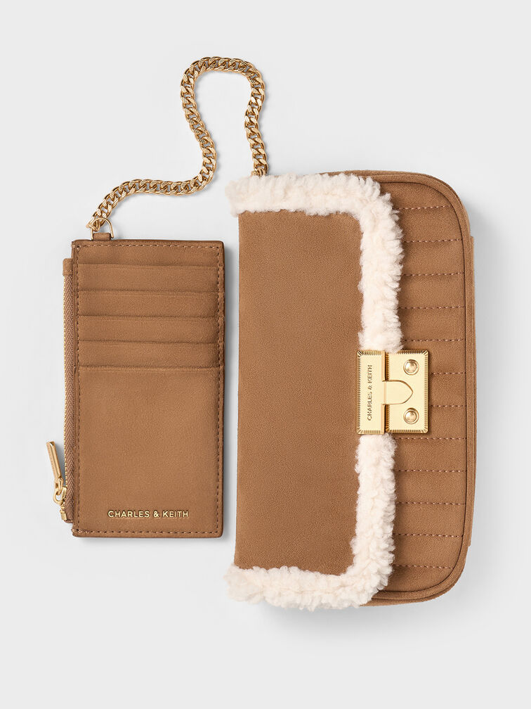 Mini Donna Faux Suede Fur-Trim Bag, Tan, hi-res