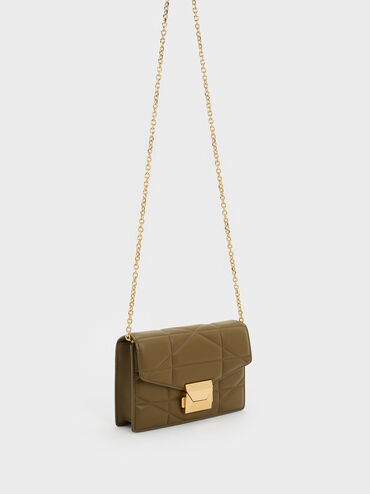 Blanche Chevron Chain-Strap Clutch, Khaki, hi-res