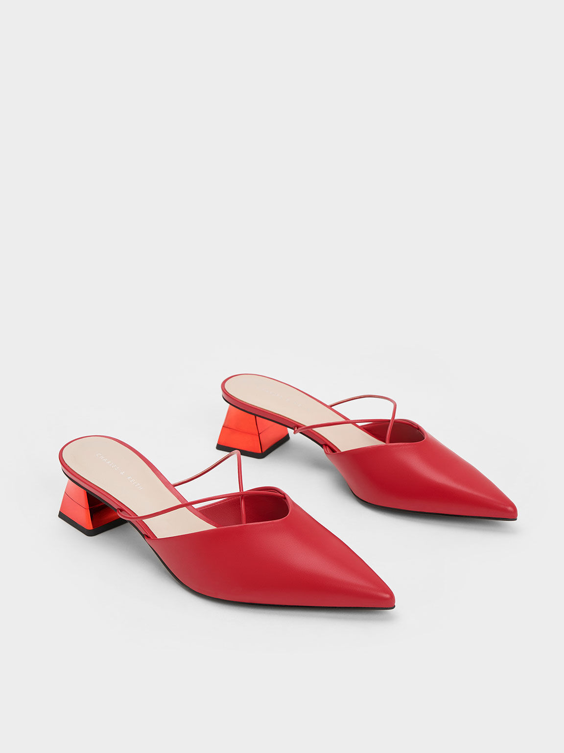 Metallic Trapeze Heel Crossover Mules Red