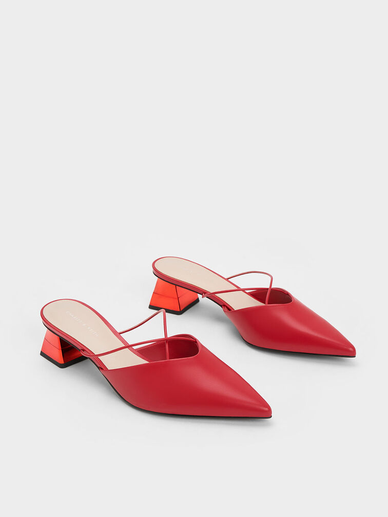 Metallic Trapeze Heel Crossover Mules, Red, hi-res