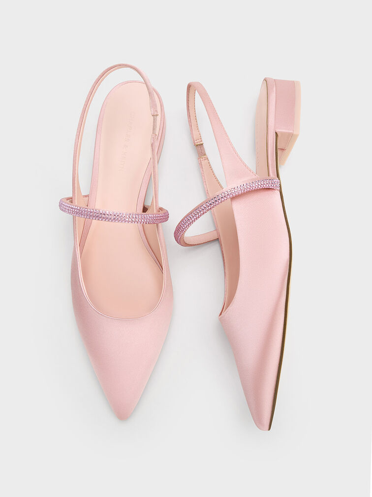 Satin Crystal-Strap Pointed-Toe Slingback Flats, Light Pink, hi-res