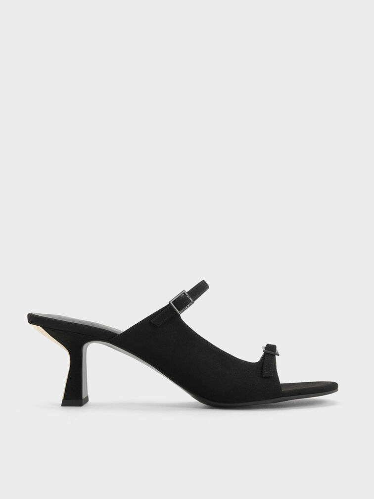 Textured Double Strap Heeled Mules, Black, hi-res