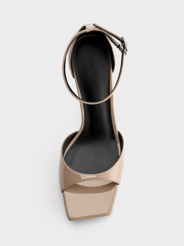 Patent Platform Heeled Sandals, Taupe, hi-res