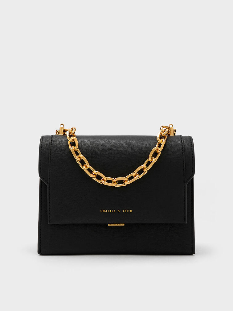 Front Flap Chain Handle Crossbody Bag, Black, hi-res