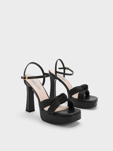 Pleated Knotted Platform Sandals, Black, hi-res