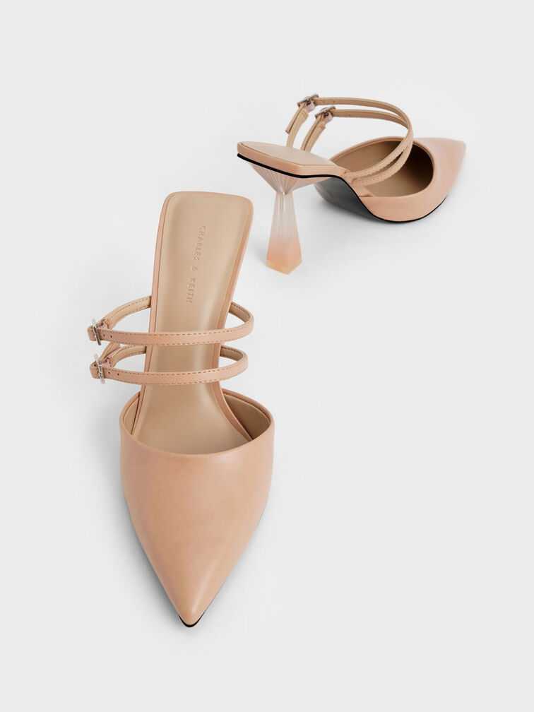 Strappy Slant Heel Mules, Nude, hi-res